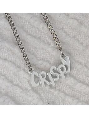 Vtg VALLEY GIRL Nameplate Necklace "CRISPY" 80s Slang Lingo Word Metal White